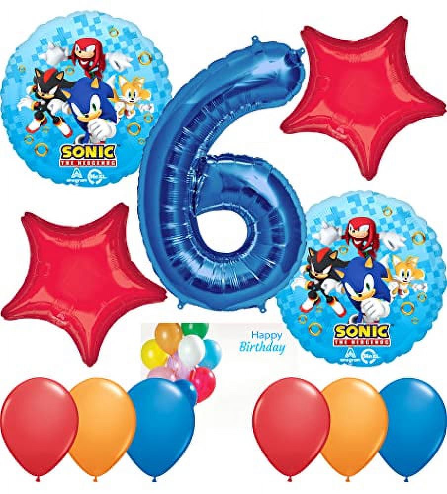 Sonic Birthday Party Supplies Decorations Balloon Bundle with Character Mylar's, Star Shaped Mylar's, Latex Balloons and Blue Number 6 Mylar (7 Items)